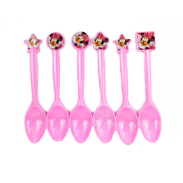 Minnie Mouse Engångsservis Set Barn Födelsedagsfest Tillbehör Papperstallrik Mugg Servett Flagga Flicka Rosa Bröllopstårta Dekoration Spoon