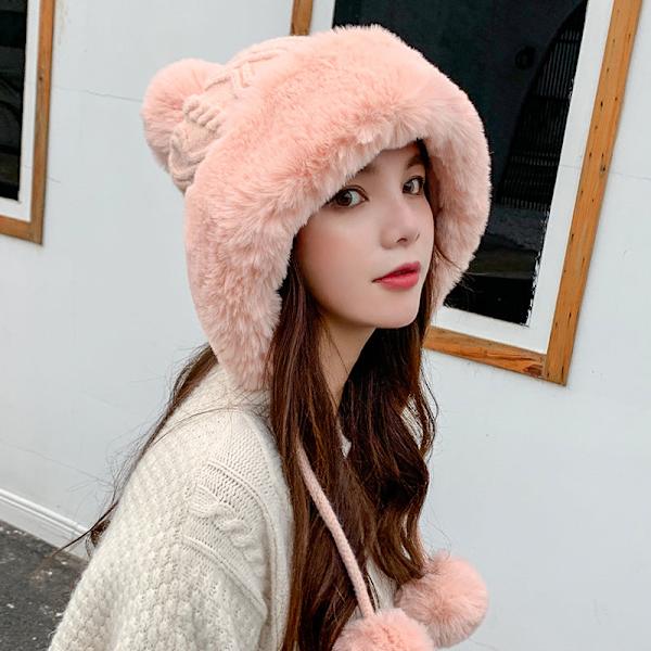 Hue Cap Fleece-foret Fortykkede Pelskugle Ensfarvet Pels Strikkede Øreklapper Varm Hue Pink Average size