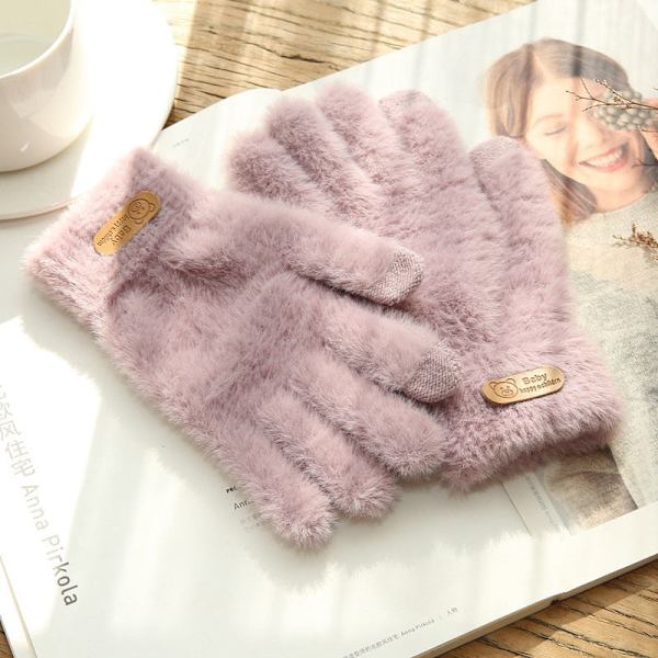 Stickade handskar Vinter Varma Tjocka Pekskärmshandskar Päls Handskar Enfärgade Vantar för Mobiltelefon Surfplatta Dam Cashmere Ullhandske Grey one size