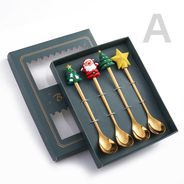 Julsked Bordsservis present Söt hänge Sked Gaffel Rostfritt stål Julgran Hem Fest servis Gold Doll spoon four pack A- green box