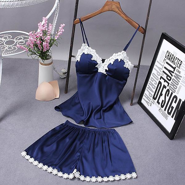 Sexiga spets pyjamas nattlinne shorts set sovkläder för dam Navy L