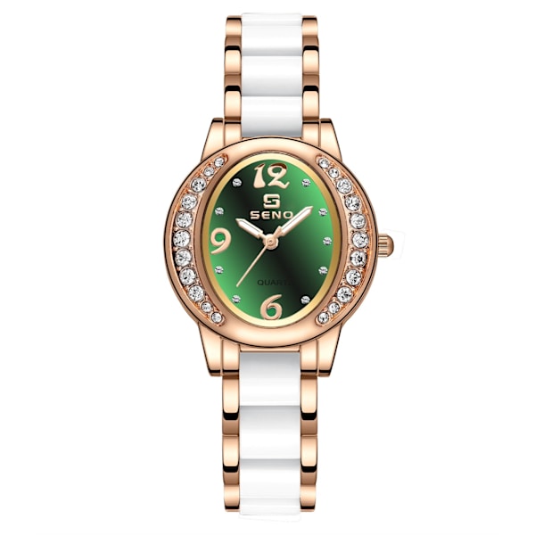 Nyt Værdigt Generøst Stilfuldt Ovalt Ur Dame Temperament Trend Dameur med Diamanter Rose gold green plate