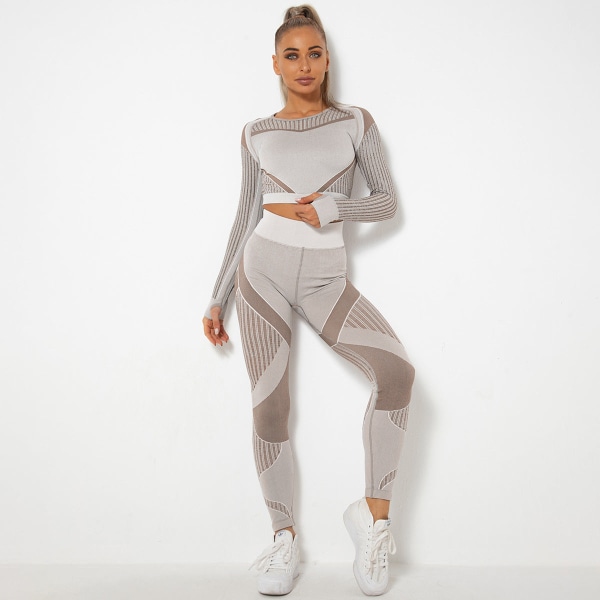 Långärmad yogadräkt för damer, sportfitness, löpning, yogabyxor 6301 long sleeve trousers suit-Brown L