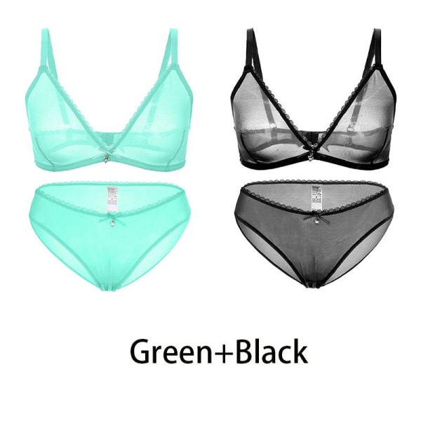 Varsbaby Seksikäs Naisten Läpinäkyvä Plus-kokoinen Rintaliivit ja Matala Vyötärö Alushousut 2kpl Green-Beige S