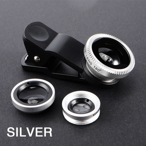 3-i-1 Fisheye Vidvinkel Mikro Kameralinse for iPhone Xiaomi Redmi 3-i-1 Zoom Fisheye-linse på Smarttelefonlinser med Telefonklips Silver