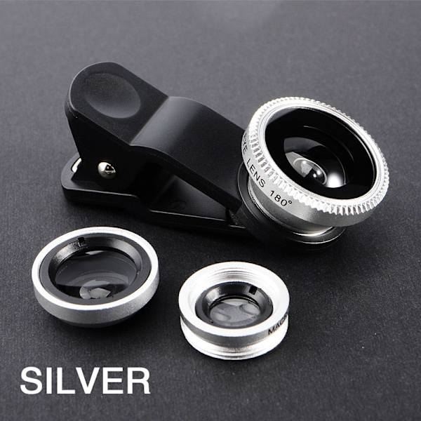 3-i-1 Fisheye Vidvinkel Mikro Kameralinse til iPhone Xiaomi Redmi 3-I-1 Zoom Fiskeøje Linse på Smartphone Linser med Telefonklips Gold
