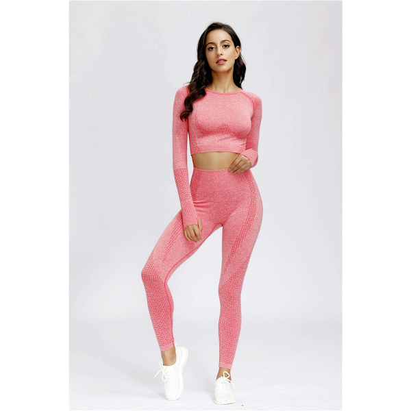 Yoga Set Träningskläder Fitness Leggings+Korta Tröjor Sportdräkt Dam coral red x M