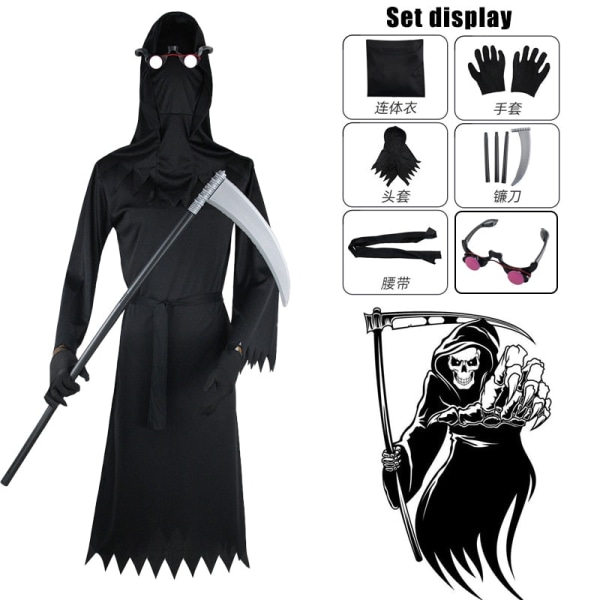 Halloween Grim Reaper Cosplay Maskerade Kostume Horror Dæmon Lysende Briller Performance Kostume Natklub Bar Beklædning Party grim Reaper cos L