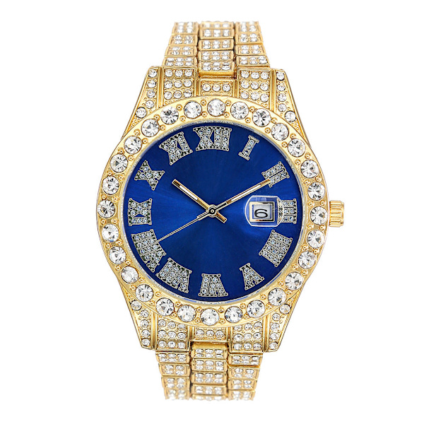 Herreur Mode Legering Diamant Stjerne Kalender Quartz Ur Business Casual Herre Quartz Ur Golden tape blue face