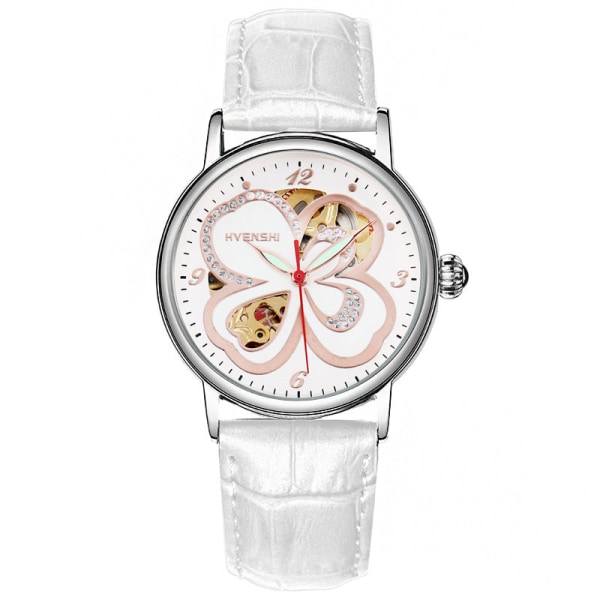 Huangshi Watch Women's Hollow Luminous Automatic Mechanical Watch Modebälte Business Watch Four-Leaf Clover white steel belt
