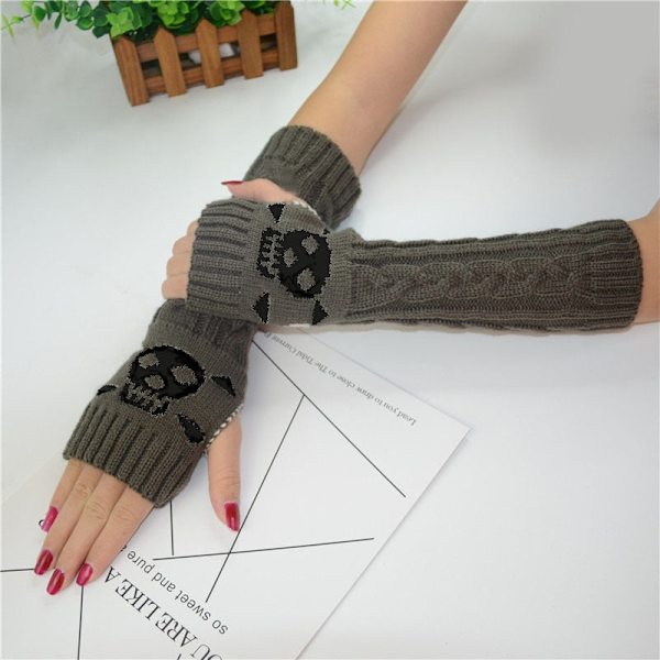 Goth Lange Fingerløse Armvarmer Handsker Armvarmere Piger Sorte Kranie Handsker Kvinder Strikkede Varme Handsker Punk EMO Mode Vanter Khaki 2 One Size