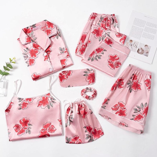 7 Delars Dam Pyjamas Set Nattlinne+Linne+Långa Korta Byxor Set Randig Sexig Kvinnlig Pyjamas Light yellow M