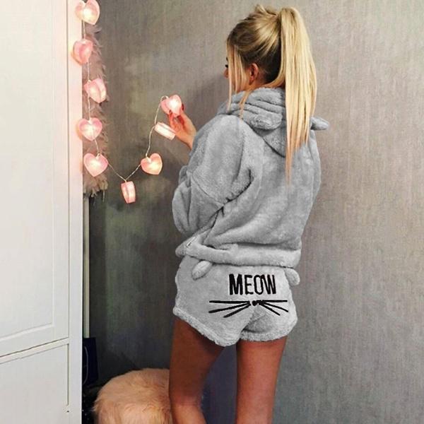 Dammode Vinter Pyjamas Set Söt och Gullig Långärmad Sammet Varm Hoodie och Shorts Mode Hemmakläder Set White L