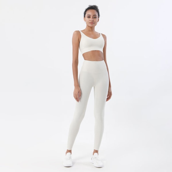 Yoga Set Sports Suit Kvinnor Lounge Wear Crop Toppar och Leggings Light ivory   Brown M