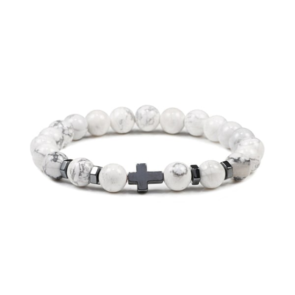 Herr Naturlig Lavasten Pärlarmband Hematit Kors Rosenkrans Meditation Bön Jesus Armband Dam Yoga Smycken White