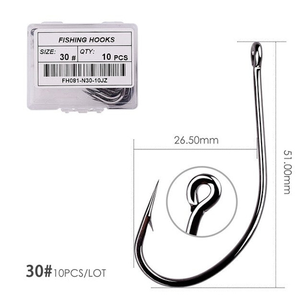 Fishhook 50 stk 10 stk Belagt Høykarbon Rustfritt Stål Barbefisk Karpefiskekroker Pakke med Original Eske Fiskeutstyr Size 30 - 10pcs