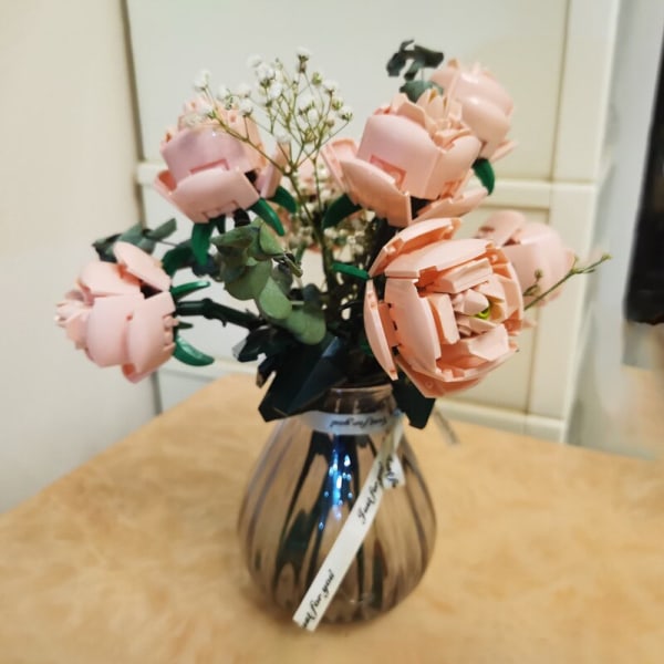 Vaaleanpunainen ruusu MOC rakennuspalikat Lelut Ystävänpäivä DIY Tiilipaketti Lahja pariskunnalle Rakkauden julistus Kielen kukka Ensimmäinen rakkaus only flower 6Pcs1