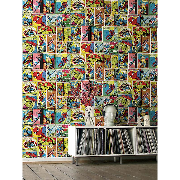 Marvel Tegneserie Tapet Muriva Blå/Rød/Gul Blue/Red/Yellow