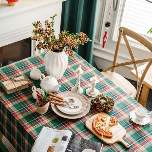 Julbordsduk skotsk grön rutig duk rektangulär hushållsduk foto högkvalitativ bomullsduk Green grid 90*90cm
