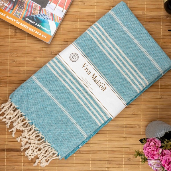 Tyrkisk Bomuld Stribet Sports Badehåndklæde med Kvaster Rejse Fitness Camping Bad Sauna Strand Fitness Pool Tæppe Absorberende Let Pleje Blue 100x180cm