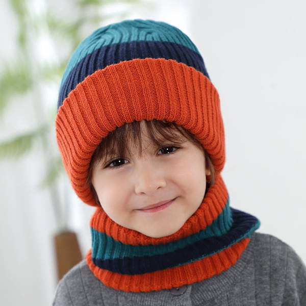 Strikket Lue Barnes 2023 Høst og Vinter Nytt Lueskjerfsett Stripet Strikket Ullue Navy blue M code