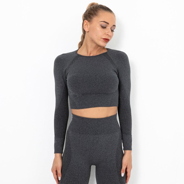 Europeisk og amerikansk sømløs strikket sexy ensfarget langermet topp yogaklær dame sports løping fitness pustende T-skjorte 9165 long sleeve-bright yellow M