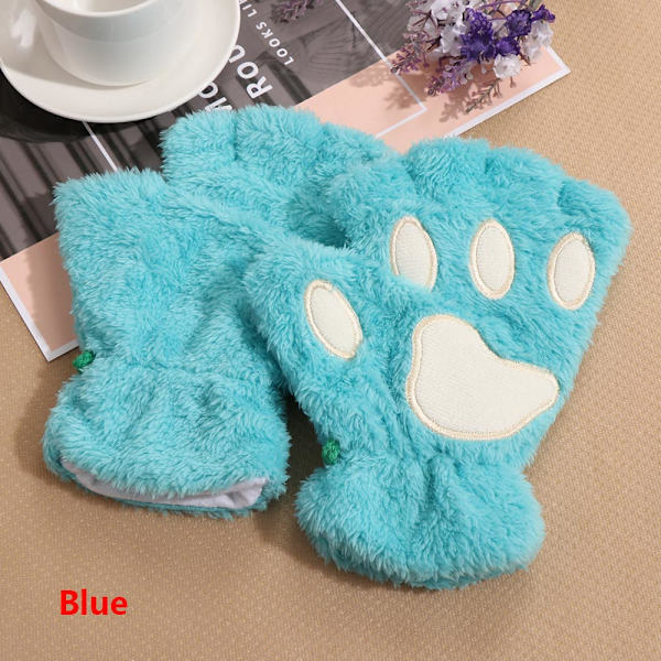 1 par Dame Jenter Nydelige Vinter Varme Fingerløse Hansker Fluffy Bjørn Katt Plysj Pote Klo Halv Finger Hansker Votter Nye Gray One Size