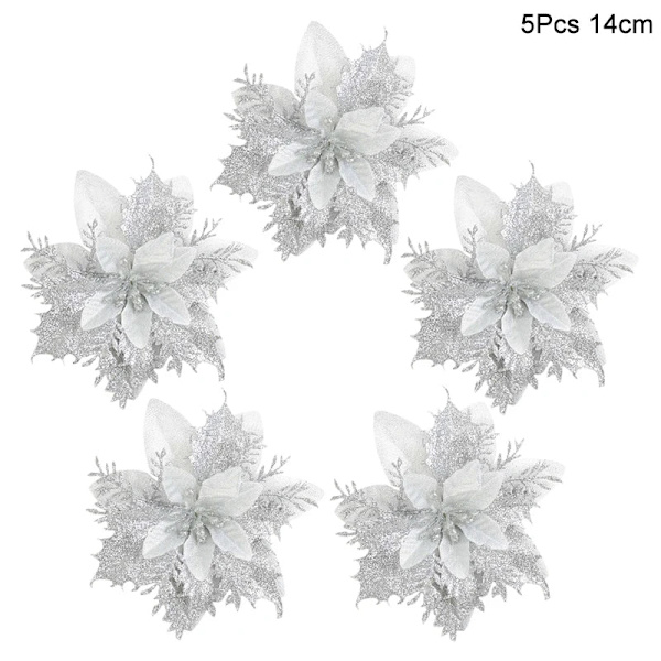 5 st Jul Röda Bär Konstgjord Blomma Tallkotte Gren Julgransdekorationer Ornament Presentförpackning Hem DIY Krans 5pcs silver flower