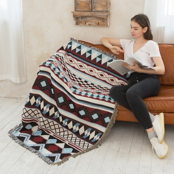 Bohemian Ruudullinen Peitto Sohvalle Sängylle Koristeellinen Peitto Ulkoiluun Retkipeitto Boho Sohvapeite Heittopeitto Piknikille Tupsuilla Type 9 160x220cm