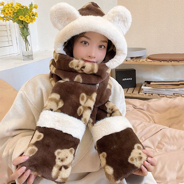 Talvinen Korealaistyylinen Söpö Karhuhattu Kolmiosainen Setti Paksu Tuulenpitävä Lämmin Huivi Kolmiosainen Setti Yksiosainen Hattu Bear khaki three-piece set