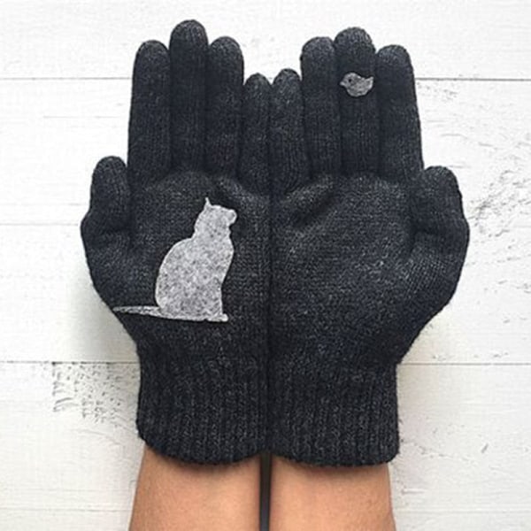Vinterhandskar för män Kvinnor Tonåringar Söta katt- och fågeltryckta thermal printed handskar, vindtäta Vintervarma vantar Mjuk Grey Blue 20cm