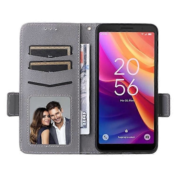 Kompatibelt för TCL 501 T433D Läderfodral Plånboksställ Litchi Textur Telefonskal Grossist Grey