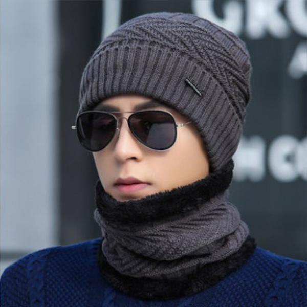 Herre Vinter Fleeceforet Vatteret Varm Iron Button Arrow Strikket Pullover Uld Strik Hue Halstørklæde Todelt Sæt Black