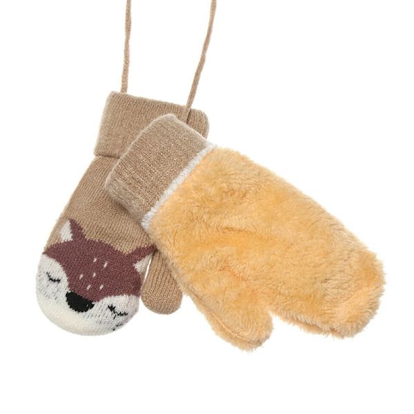 Barntvantar Tecknade Figurer För 1-3 År Gamla Flickor Pojkar Liten Räv Vintervantar Dubbla Lager Stickad Ull Plus Sammet Varma Handskar Khaki