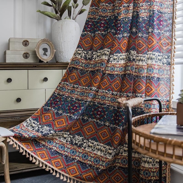 Røde bohemske gardiner med dusker, blendingsgardiner for vindu, soverom, stue, kjøkkengardin, julegardin i bomull, fransk karnappvindu, flatt vindu boho5 W150xL180cm 1pc