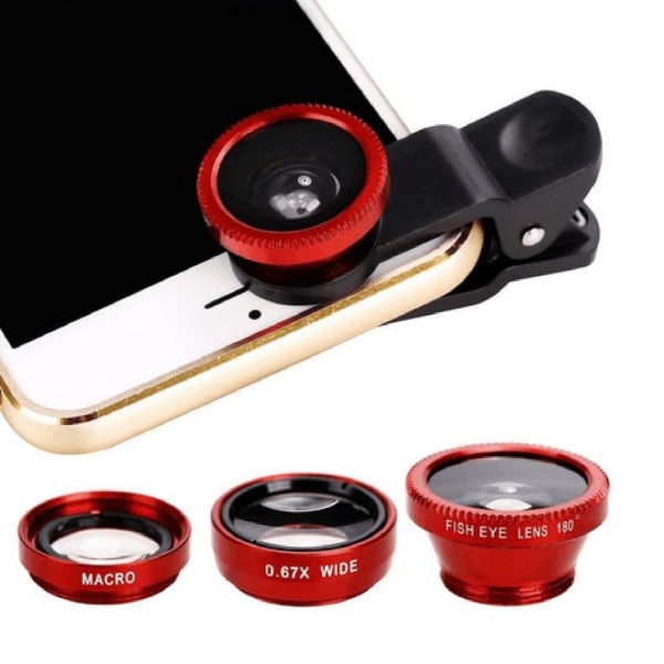 3-i-1 vidvinkelmakro Fisheye-objektivkamerasatser Mobiltelefon Fisheye-linser med klämma 0,67x för iPhone Samsung Alla mobiltelefoner Overseas Red