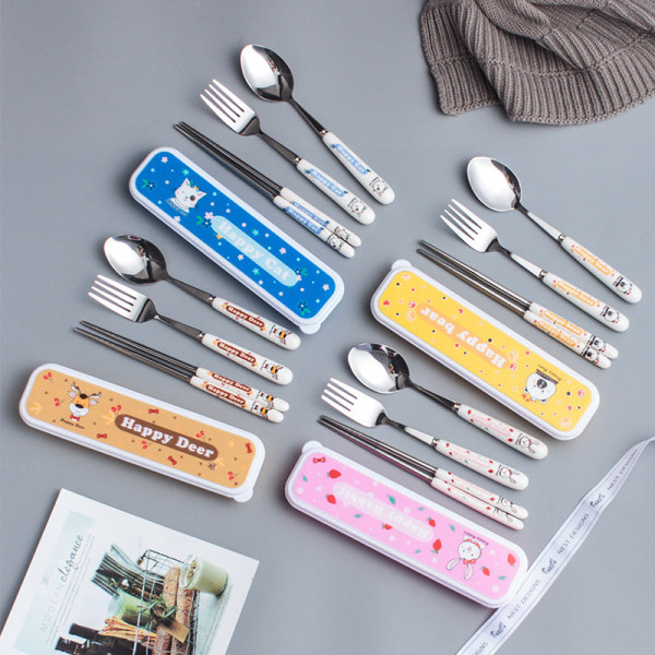 Keraaminen ruostumaton teräs astiasto lasten astiasto kolmiosainen sarjakuva kannettava astiasto haarukka lusikka ja syömäpuikkosetti Bear three-piece set
