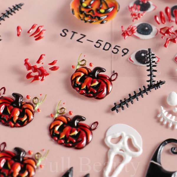 5D Halloween Kynsitaidetarrat Hämähäkinverkko Kauhusilmät Kasvot Kurpitsa Kynsikoristeet Kohokuvioidut Mallit Liukusäätimet Folio Manikyyrille TRSTZ-5D STZ-5D15