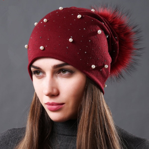 Pärl Dubbellagers Bomullsmaterial Ärmmössa Höst och Vinter Dam All-Match Mode Tvättbjörn Boll Päls Dam Varm Hatt Navy blue natural color ball