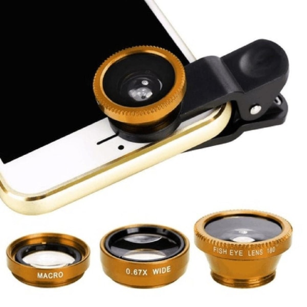 3-i-1 Vidvinkel Makro Fisheye Lins Kamera Kit Mobiltelefon Fiskeögonlinser med Klämma 0.67x för iPhone Samsung Alla Mobiltelefoner Overseas Gold