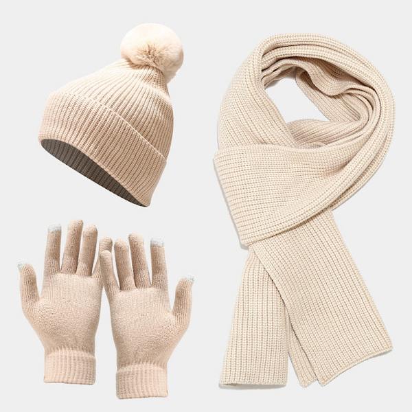 Neulottu pipo, huivi ja käsineet, kolmiosainen, paksuuntettu, lämmin turkispallopipo ulkoiluun Beige