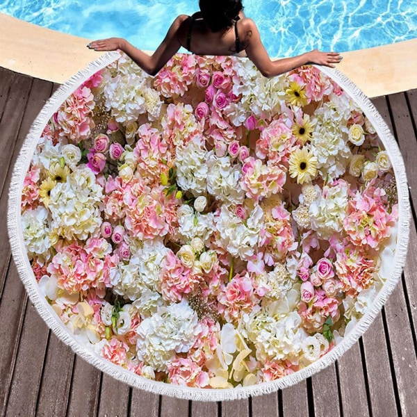 Kawaii Blommor Rosbuske Rosa Strand Badhandduk Rund Havsfilt Strand Yoga Matta Picknickmatta Absorberande Manteau Kappa 5