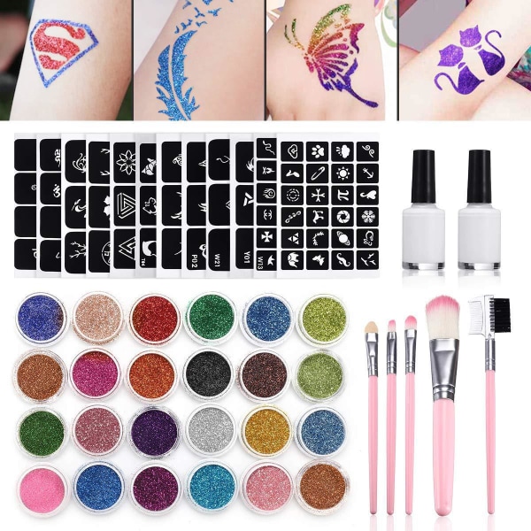 Diamant Glitter Tatuering Set Semi-Permanent Liten Tatuering Färg Scen Glitter Smink Handbag Set