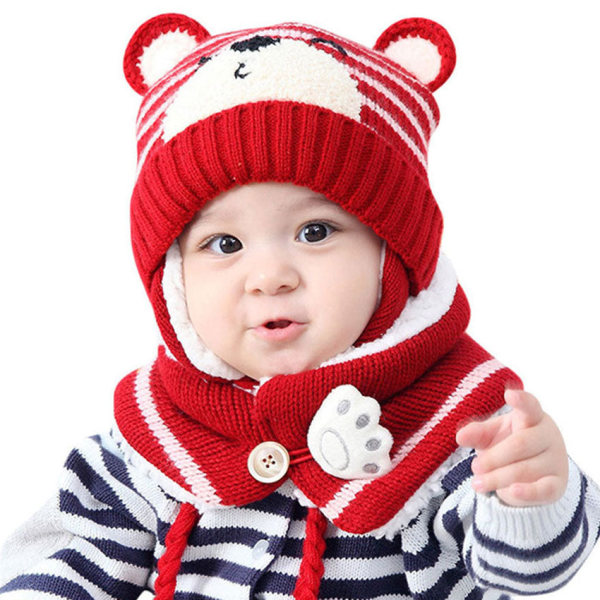 Unisex Barn Tecknad Björn Randiga Mössor och Halsduk Baby Mössa Set Flicka Pojke Mössa Halsduk Set Barn Vinter Öronmuffar Mössa Halsduk Varmt Set light blue Hat Girth 46-50cm