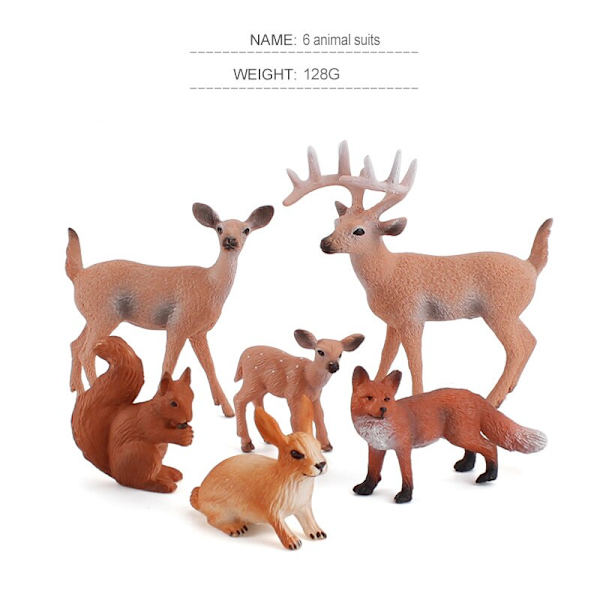 6 stk./sett Skogsdyr Figurer Ville Mini Dyr Simulering Modell Leker Hjort Rev Kanin Ekorn Action Figur Figurer Leker for Barn Gave Animals - 2