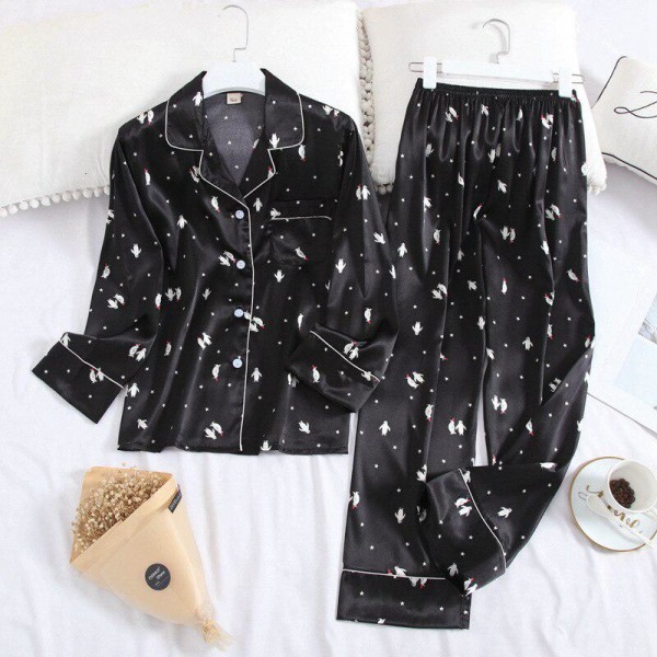 Långärmad pyjamas Höst Is-silke Långärmad byxdress Tryck Mode Pyjamas Set Black L