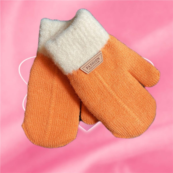Barnhandskar Vinter Enfärgad Tjockare Plus Sammet Halterhandskar För Barn Småbarn Utomhus Håll Varma Stickade Vantar Med Snöre orange(3-6 Years)