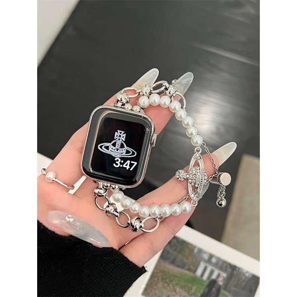 Klockarmband för Apple Watch iWatch 38/40/41/ 10:e generationen 42mm Universal Queen Mother Collection Chain - Silver Vit Pärla