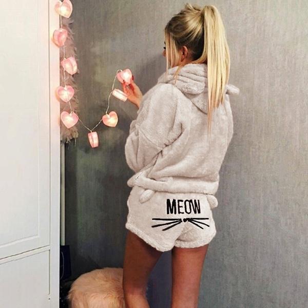 Dammode Vinter Pyjamas Set Söt och Gullig Långärmad Sammet Varm Hoodie och Shorts Mode Hemmakläder Set Navy blue S