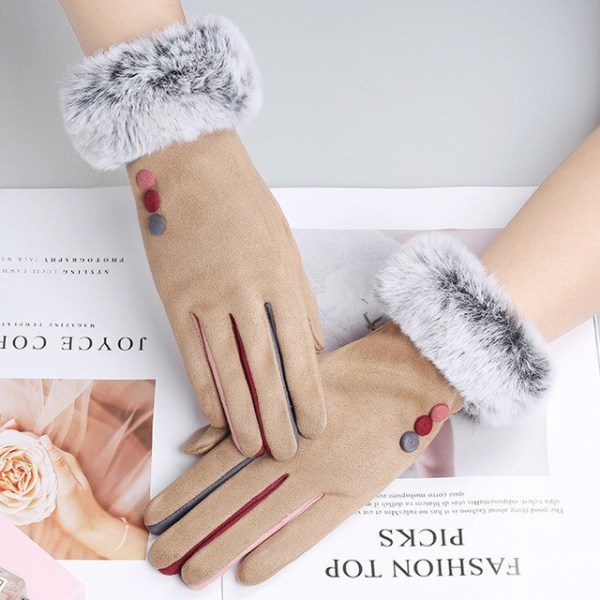 Fashionable dame vinter varme ruskind læder touch screen handske kvinde imiteret kaninpels broderi plus fløjl tykke kørehandsker H92 I67 Khaki One Size